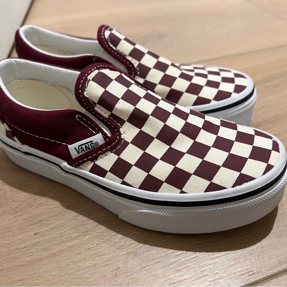 Vans Kids Burgundy and Cream Checkerboard Slip-On Sneakers